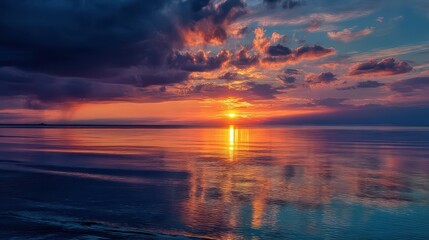 Tranquil Sunset Over Calm Sea with Glowing Reflections
