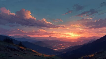 Vibrant Sunset Over Rolling Hills with Warm Colors and Scenic View