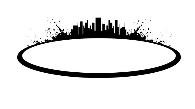 Circular design featuring skyline silhouette with splashes of water or paint around edges, creating dynamic and artistic effect. This evokes sense of creativity and urban life