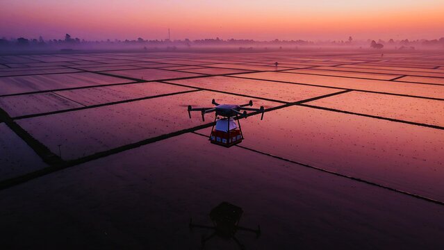 Agricultural drone flying over a flooded rice paddy at sunset, symbolizing modern farming and precision agriculture.