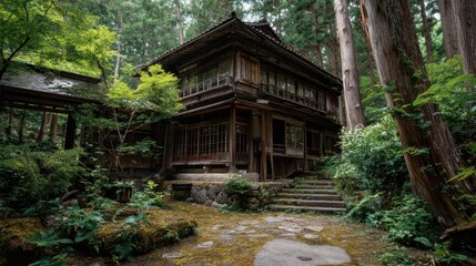 Obraz premium Traditional Japanese Wooden House Surrounded by Lush Forest Scenery