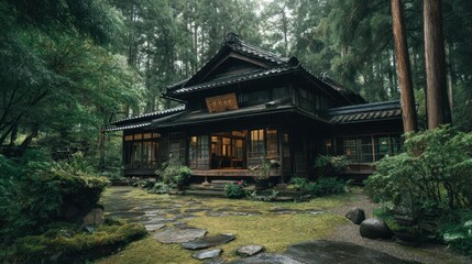 Traditional Japanese Wooden House Surrounded by Lush Forest Nature