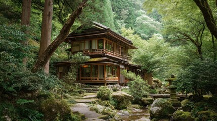 Traditional Japanese Wooden House Surrounded by Lush Forest