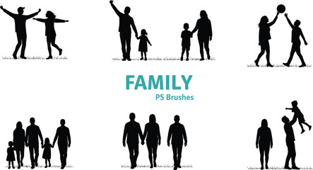 Family silhouette brushes for Photoshop, parents and children, walking, playing, holding hands, lifting, bonding, design elements, black silhouettes