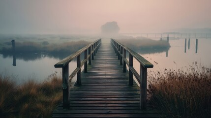Fototapeta premium Tranquil Foggy Morning Over Wooden Bridge in Serene Landscape