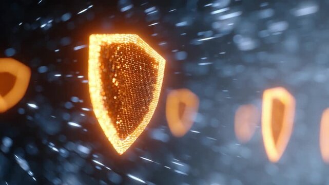 Shields of Protection: Illuminated, stylized shields in a futuristic, ethereal representation, a symbol of defense, safety, and security.