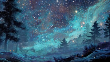 Fototapeta premium Translucent Spirits Under Starry Sky in a Mystical Landscape