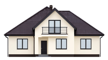 Modern house with symmetrical design featuring gabled roof, balcony, and large windows. exterior is painted in light color, creating welcoming appearance