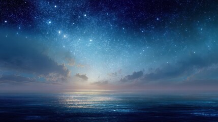 Twilight Horizon Over Calm Ocean With Stars and Soft Clouds