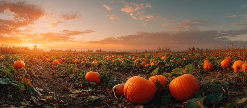 Vast pumpkin patch at sunset, vibrant orange pumpkins scattered across the field, warm golden light illuminating the scene
