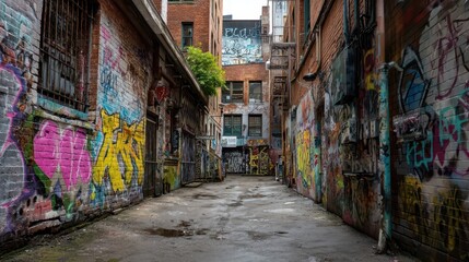 Fototapeta premium Urban Alleyway Featuring Vibrant Graffiti Art on Brick Walls