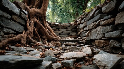 Fototapeta premium Stone Walls and Roots with Forest Background
