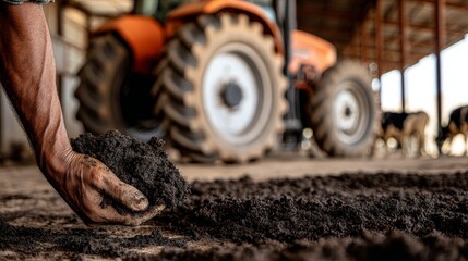 Fototapeta premium Farmer holding compost with tractor and cows in background on farm