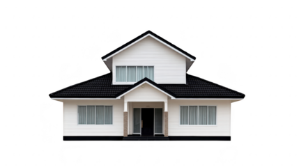 Modern two story house featuring white exterior with large windows and black roof. design is simple yet elegant, showcasing welcoming entrance and symmetrical layout