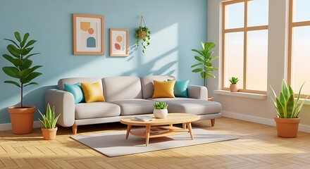 Bright, modern living room with a comfortable sofa and plants, bathed in natural sunlight from large windows
