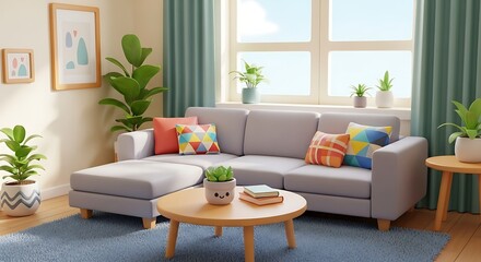 Bright, modern living room with comfy sectional sofa, colorful pillows, and plants creates a serene, inviting atmosphere for relaxation.