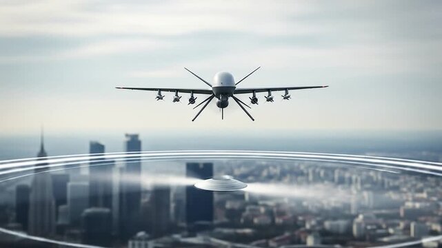 Dynamic View: Advanced Military Drone Patrolling Urban Skyline with Scanning Tech