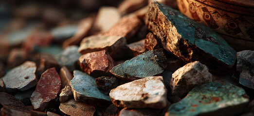 Heap of pottery shards isolated.