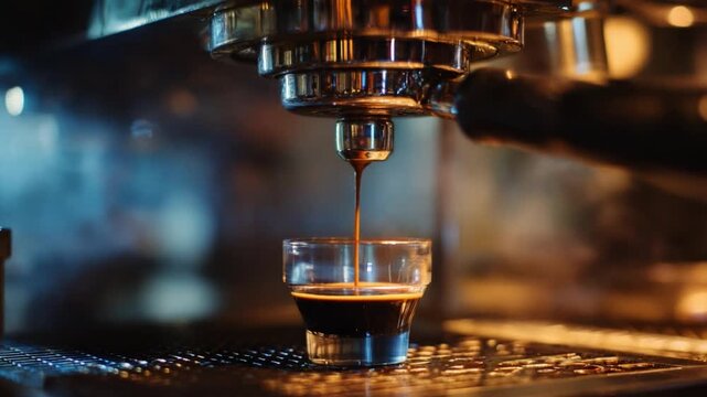 Brewed Moment: A close-up shot captures the essence of fresh espresso being brewed, showcasing a modern coffee machine extracting a rich, dark elixir into a transparent glass.