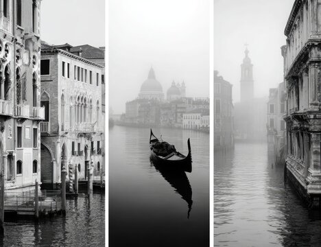 Fototapeta Triptych of a foggy Venetian canal, showcasing ancient architecture, a lone gondola, and the ethereal quality of the mist