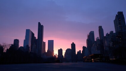 Obraz premium Silhouetted cityscape at dawn; a vibrant, pink and purple sunrise illuminates the skyscrapers from behind, casting long shadows across a park's empty expanse