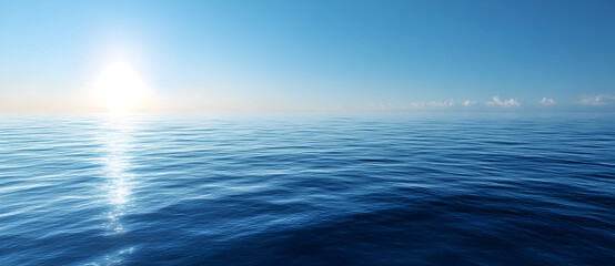 Obraz premium Calm ocean horizon with deep blue sea and clear sky, minimalist seascape background offering room for text, ideal for vacation, travel, and relaxation advertising visuals.