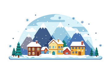 Charming winter village scene with snow covered mountains and houses