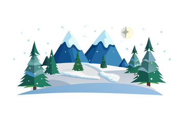 Fototapeta premium Winter mountain landscape with snow falling and full moon