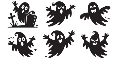 Halloween ghosts, cute funny, flying black vector silhouettes