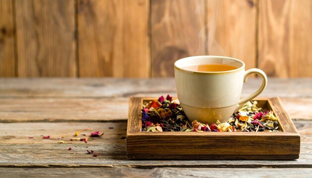 Steaming cup of hot herbal tea on a rustic wooden table with loose leaf tea and dried flowers