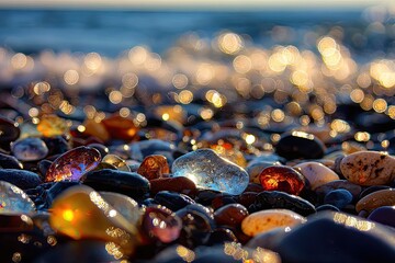 Colorful glass pebbles on a beach at sunrise