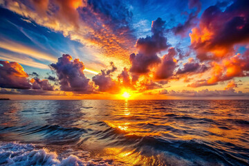 
Dramatic coastal photography captures the ocean's fiery sunset, a golden hour spectacle. 