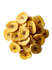 Fototapeta premium Delicious pile of golden banana chips, a healthy snack perfect for food blogs, recipes, and wellness projects