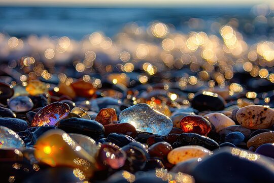 Colorful glass pebbles on a beach at sunrise