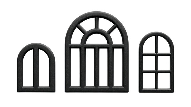 Stylish black window designs featuring various shapes and styles, perfect for architectural projects or home decor. These elegant window frames add modern touch to any design