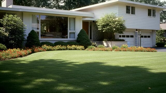 Mid-century modern split-level house with a beautiful front yard. Lush green lawn, colorful flower beds, and a two-car garage in a suburban neighborhood.
