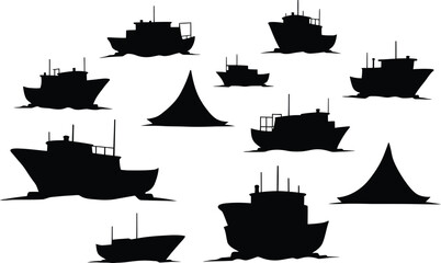 Vector Set of Various Fishing and Sailboat Silhouettes, an Isolated Illustration Collection of Different Watercraft Ideal for Maritime, Travel, and Nautical-themed Designs.