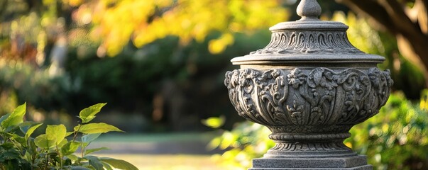 Ornate stone urn in a garden setting.