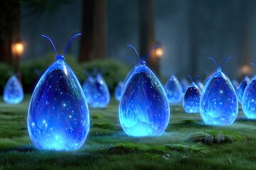 Glowing blue orbs in a mystical forest