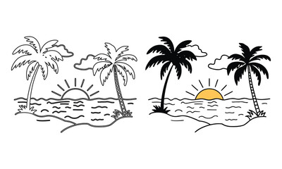 Tropical Sunset Silhouette: A vibrant sunset scene with palm trees silhouetted against a radiant, layered sky, capturing the essence of a tranquil tropical escape