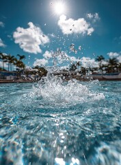 Vibrant sunlit pool scene with a dynamic water splash,  bright blue sky, fluffy white clouds, and palm trees in the background