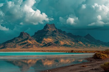 Dramatic mountain range reflecting on a tranquil lake under a stormy sky