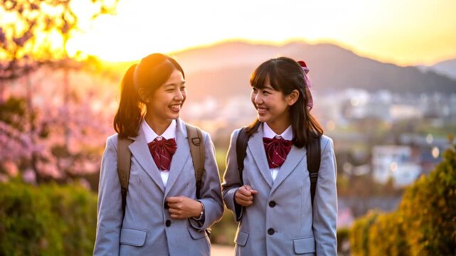 夕日と下校する女子高生