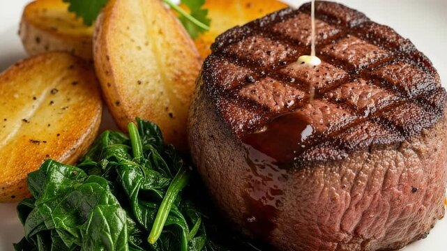 Delicious grilled beef steak, perfectly seared with distinct grill marks, served alongside golden roasted potato halves and vibrant green steamed spinach on a white plate, a classic gourmet dinner.