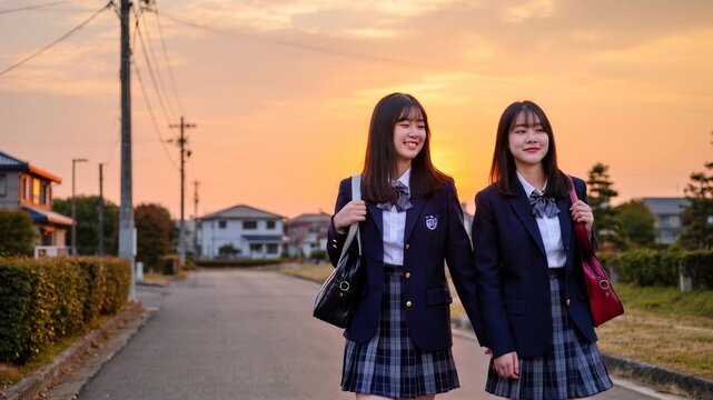 夕日と下校する女子高生