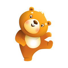 Obraz premium Joyful Dancing Cartoon Bear — Cute Orange Bear Mascot with White Belly, Smiling Face, Playful Pose for Kids' Products, Stickers & Branding