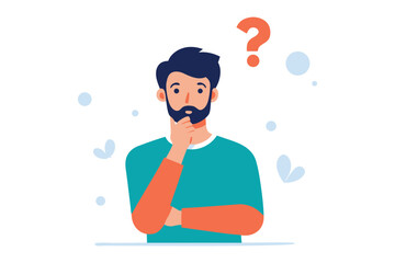 Man Contemplating: A person with a thoughtful expression, a prominent question mark hovering above them, and is a creative visual representation of the internal process of decision-making.