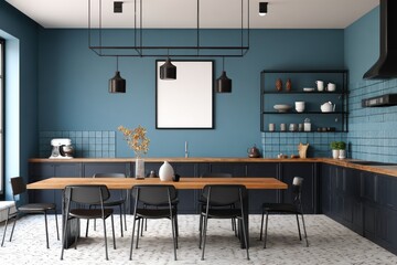 Modern teal and dark-wood kitchen-dining area
