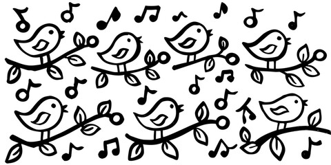 A collection of whimsical songbirds perched on branches hand-drawn vector set. Vector illustration.