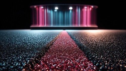 Elevated stage with vibrant light columns;  red carpet